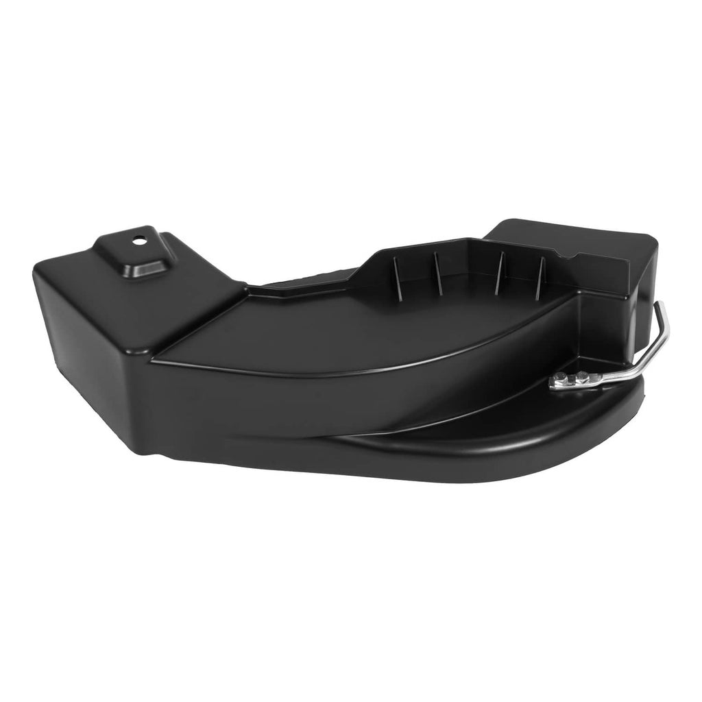 Black mulching discharge cover with vented interior and metal latch bracket