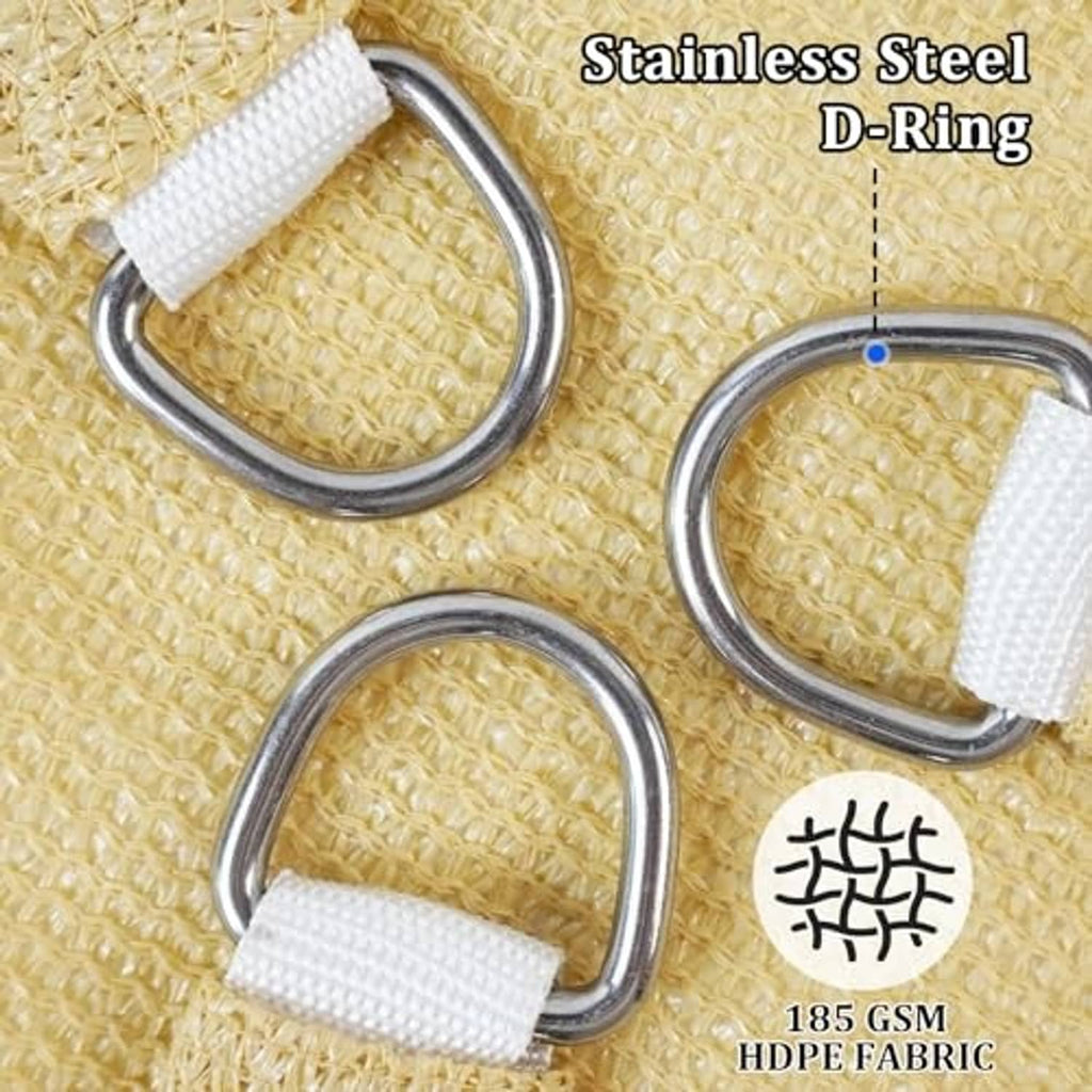 Sand beige shade sail fabric with stainless steel D-ring grommets