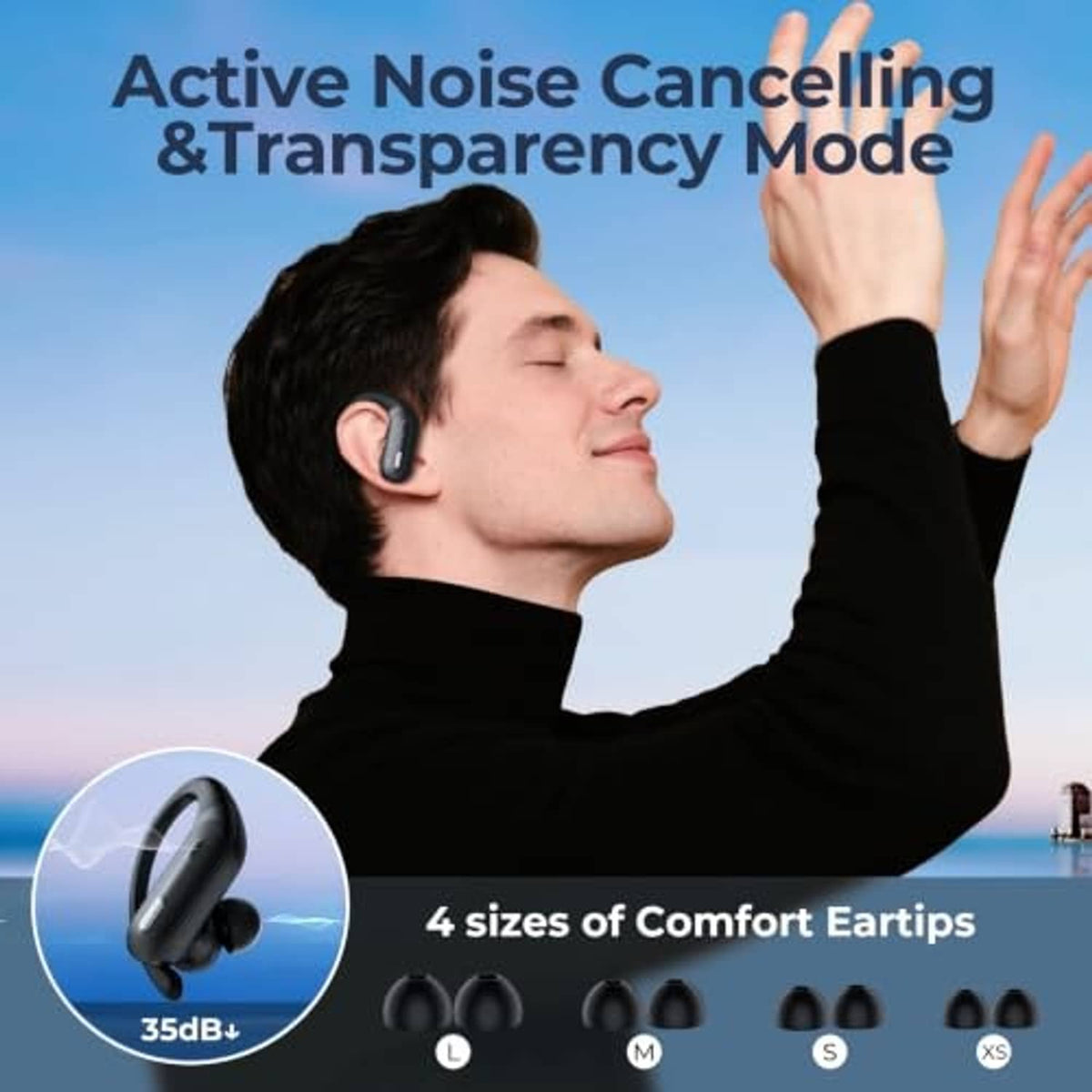 Black wireless earbuds in use, person wearing one earbud
