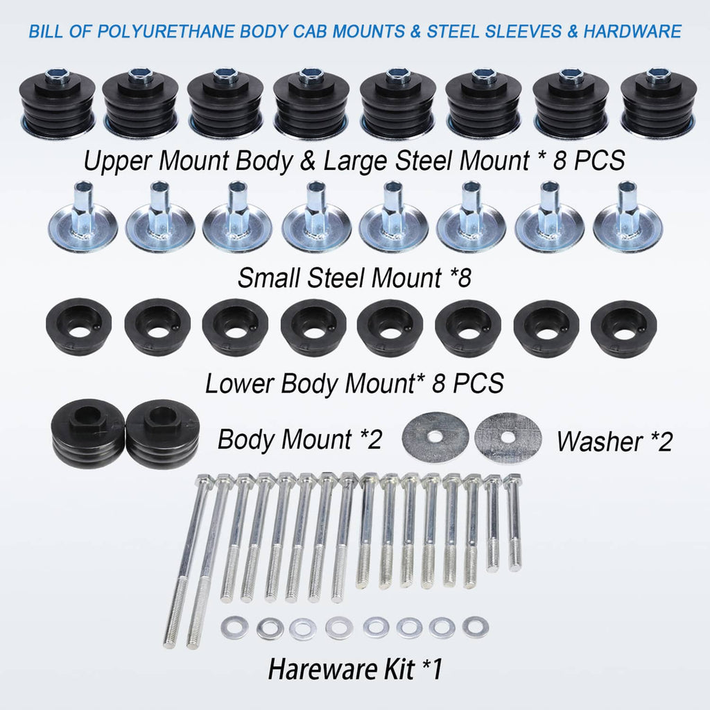 Body cab mount kit parts set: upper mounts, lower mounts, steel sleeves, and hardware