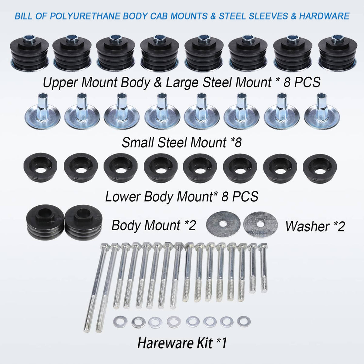 Body cab mount kit parts set: upper mounts, lower mounts, steel sleeves, and hardware