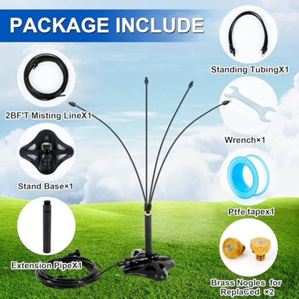 Misting system package contents: standing base, tubing lines, extension pipe, fittings