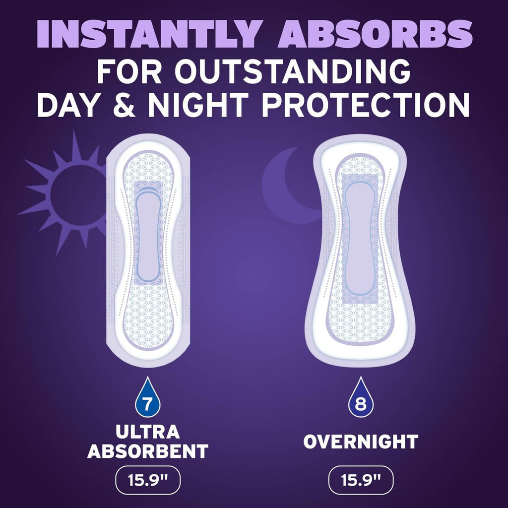 Two white overnight absorbent pads with long coverage for day and night use