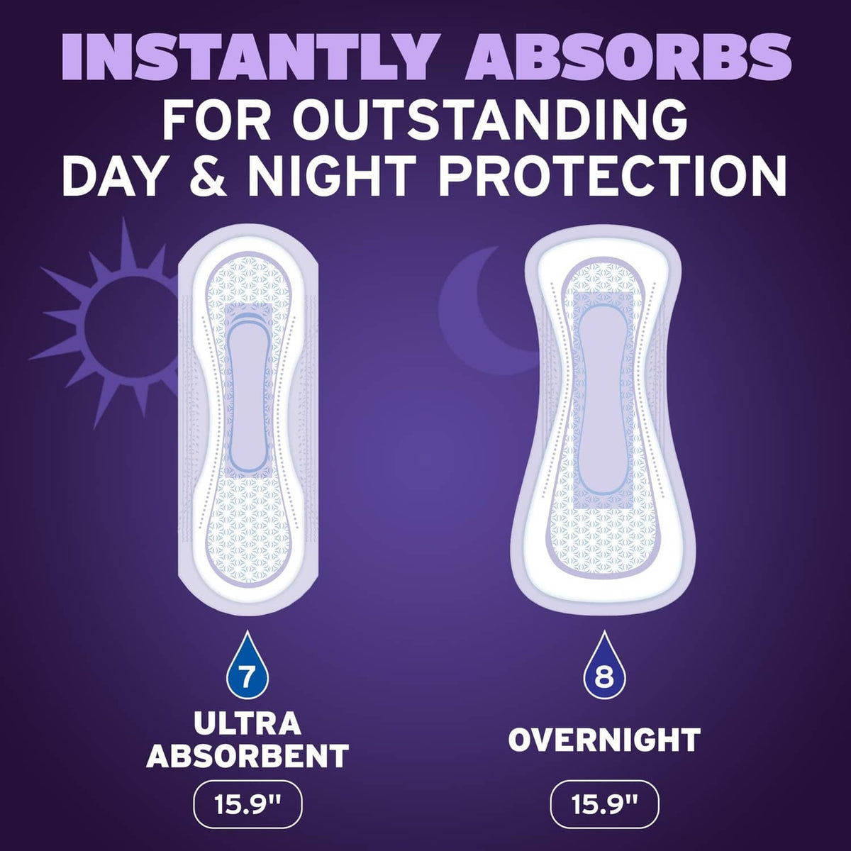 Two white overnight absorbent pads with long coverage for day and night use