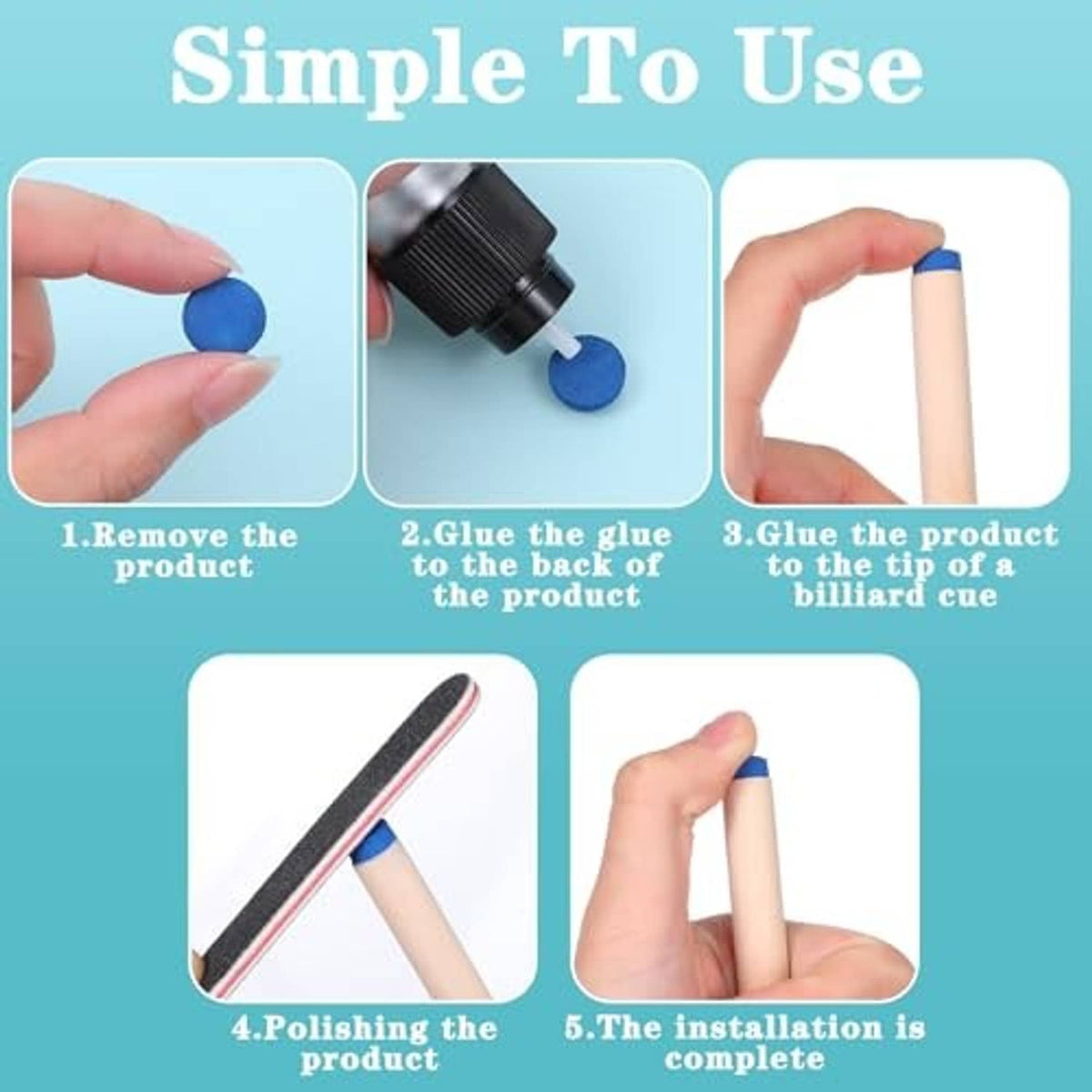 Blue billiard cue tip replacement kit with illustrated installation steps