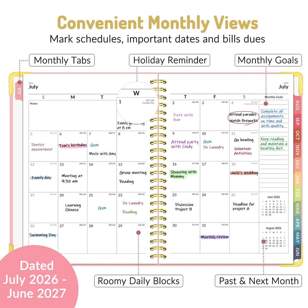 Academic planner open to monthly calendar with tabs and dated July 2026–June 2027
