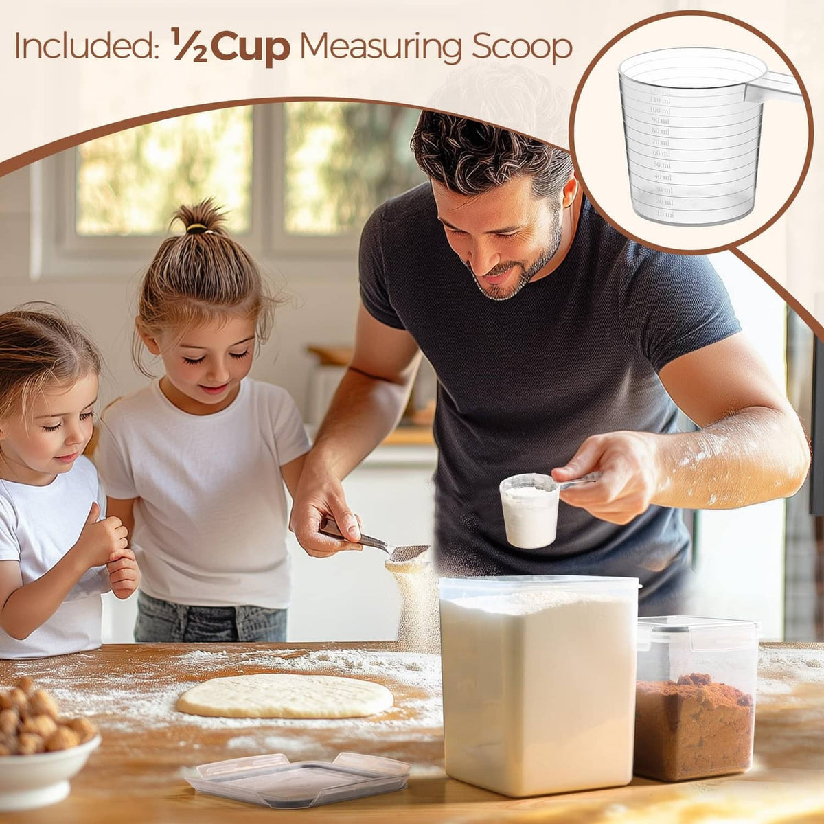 Square airtight container with measuring scoop included, clear body and snap lid