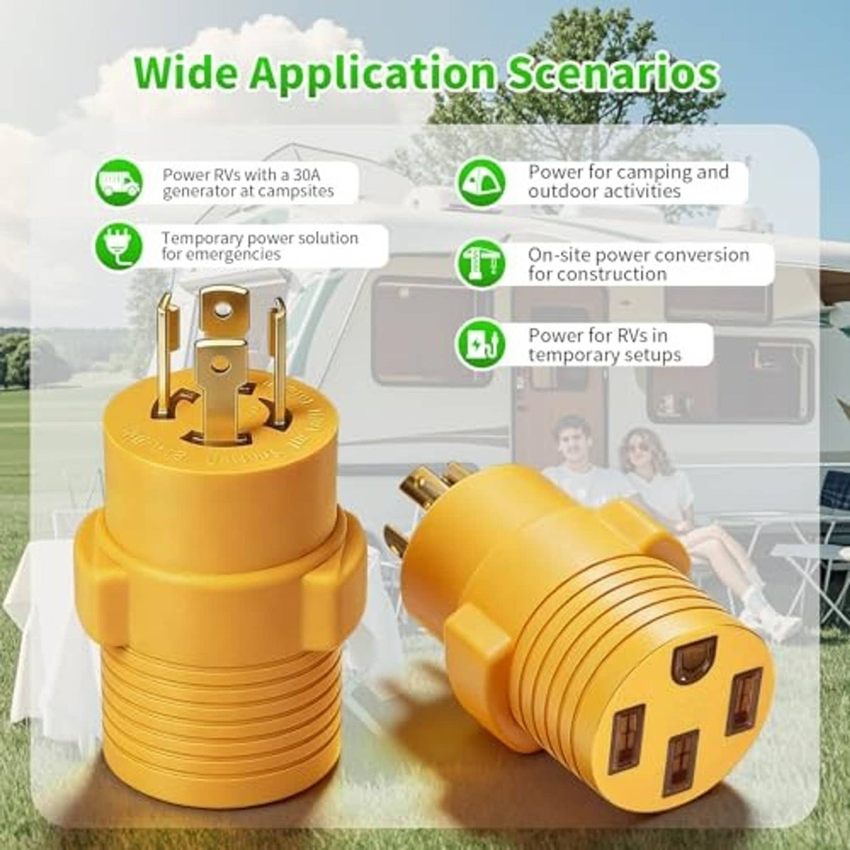 Yellow generator adapter connectors with twist-lock male plug and RV socket