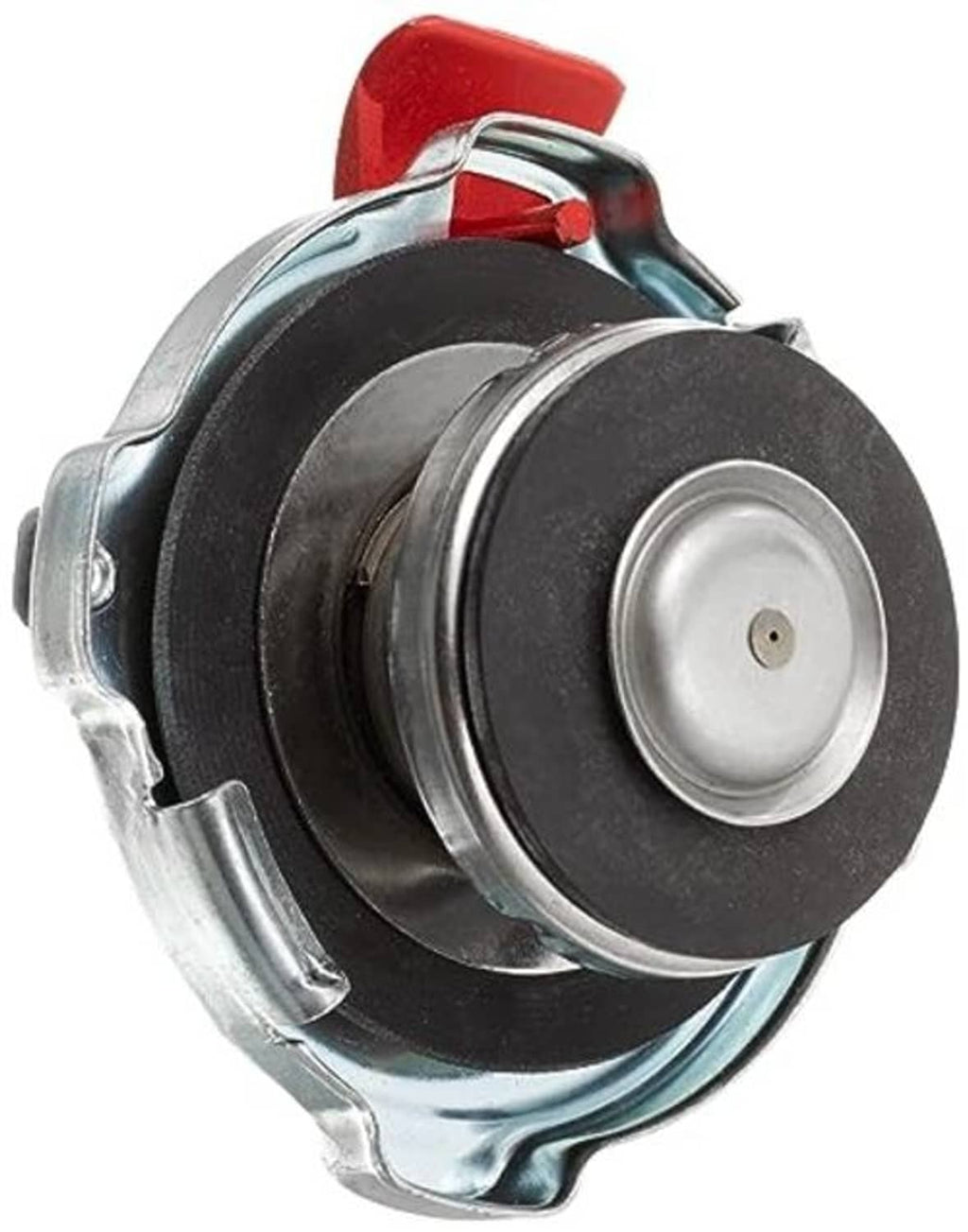 Racing safety radiator cap shown from side, silver metal body with red top lever