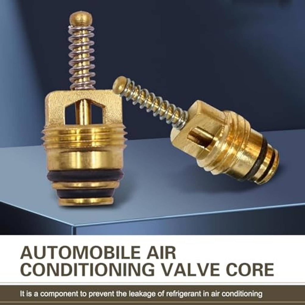 Two brass HVAC valve cores with black O-rings and threaded shafts, close-up