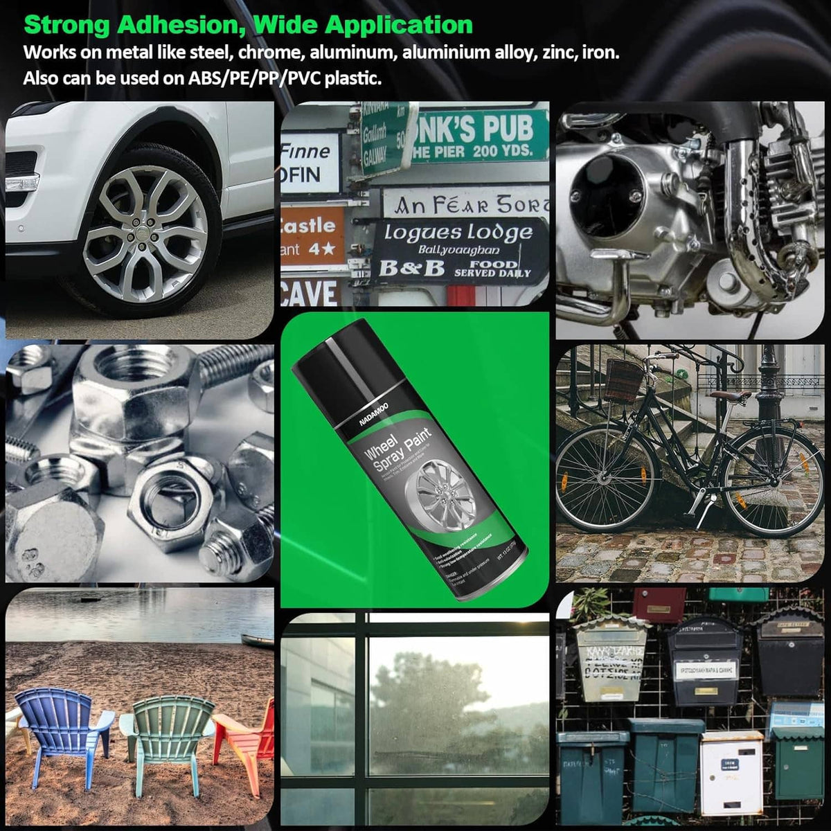 Wheel spray paint aerosol can with wide-application use illustrations for metal surfaces
