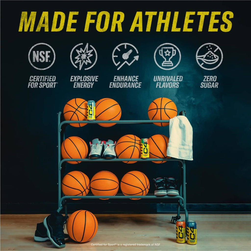 C4 Performance zero sugar energy drink variety pack, multiple cans on a shelf