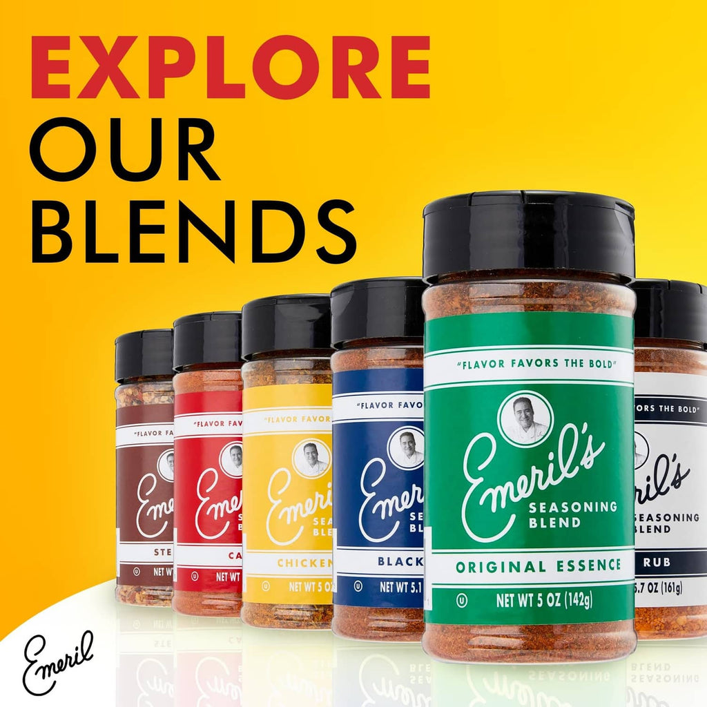 Multiple Emeril's seasoning blend jars lined up, including a green-capped jar