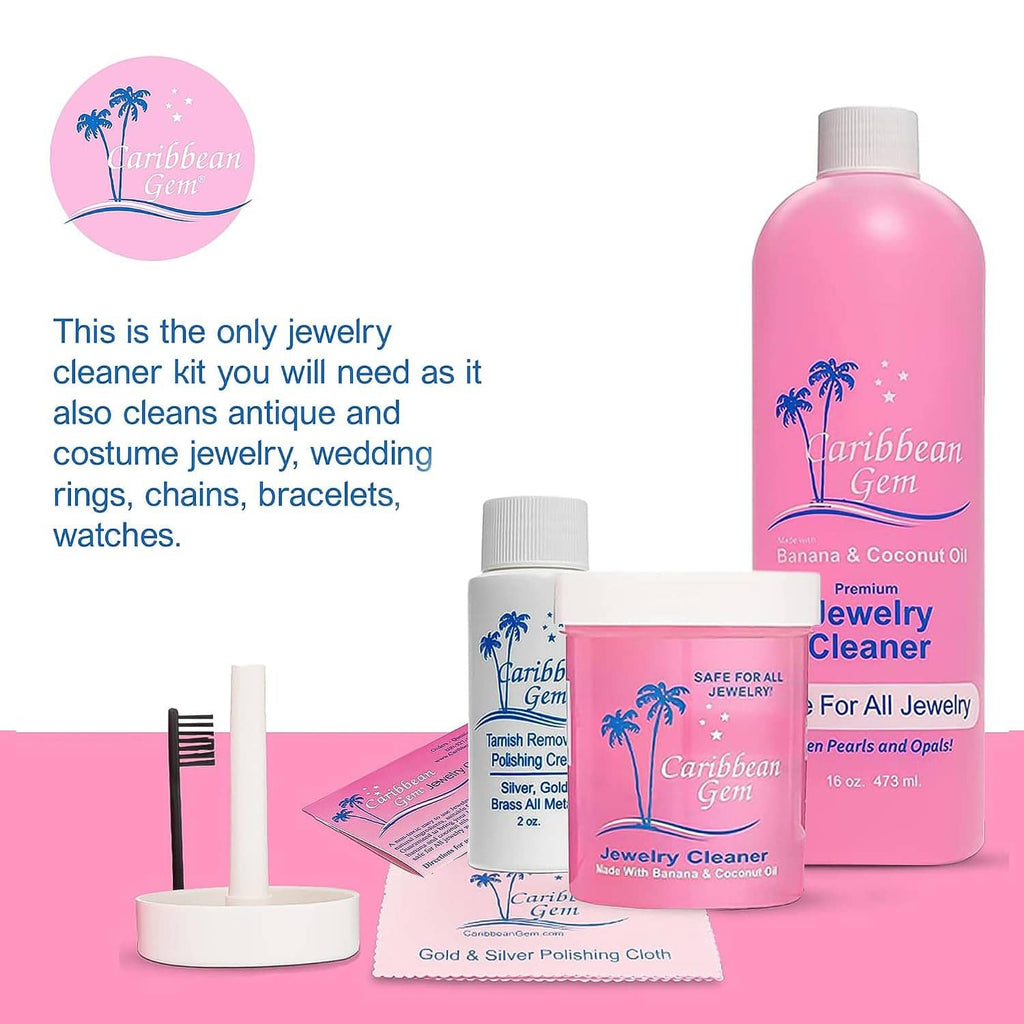 Jewelry cleaner set with large cleaner bottle, small bottle, brush, and polishing cloth