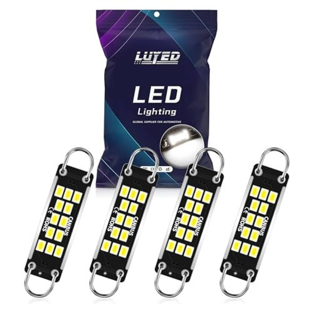 Four LED dome light bulbs in retail pack, black boards with yellow SMDs and metal loops