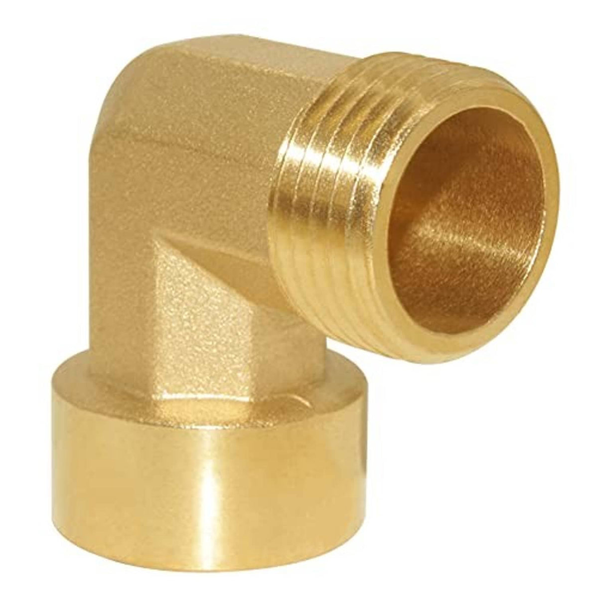 Brass 90-degree elbow fitting with male thread on one side and female NPT opening on top