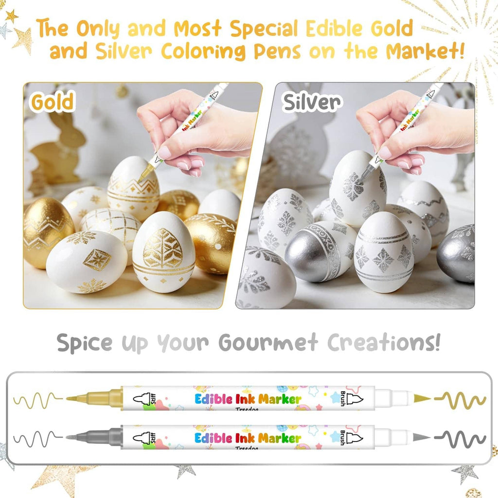 Gold and silver edible ink marker pens beside decorated easter eggs