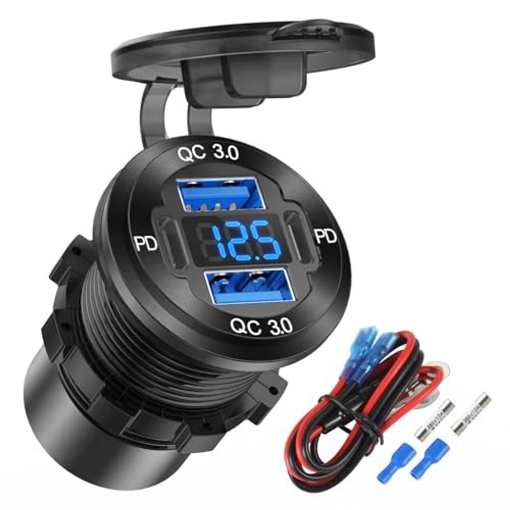 Black 12V car USB charger with two blue USB ports and blue LED power readout