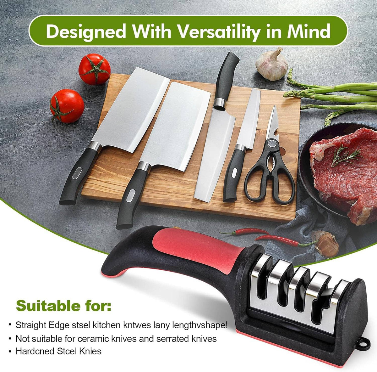 Manual 4-in-1 knife sharpener with red handle, black base, and metal slot array