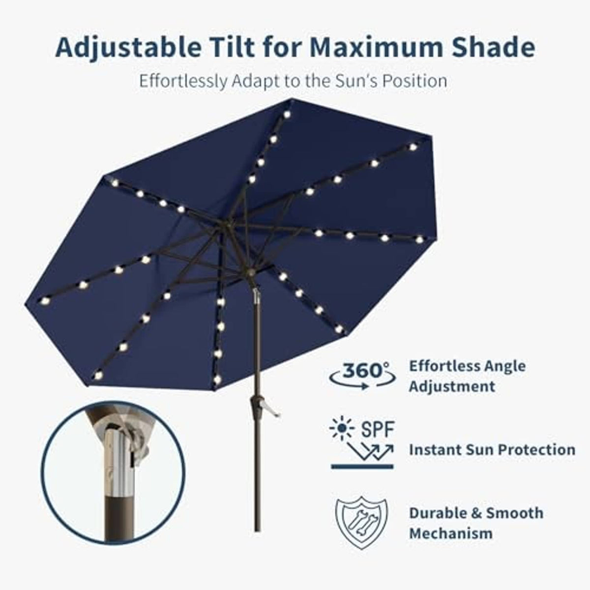 Navy solar LED patio umbrella with adjustable tilt canopy and glowing bead lights