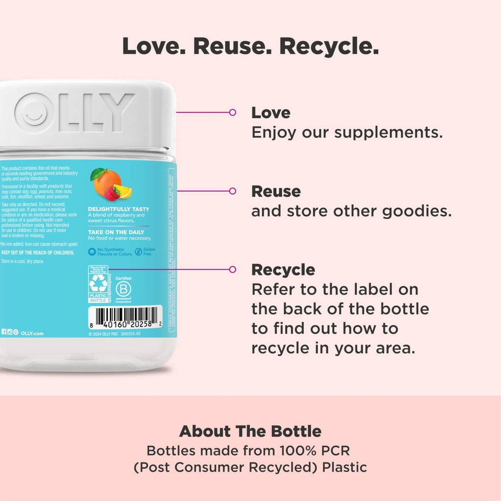 OLLY bottle with “Love. Reuse. Recycle.” and 100% PCR post-consumer recycled plastic note