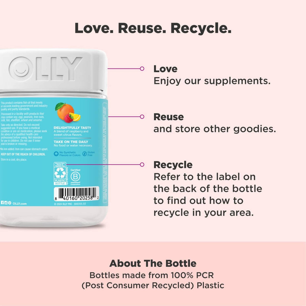 OLLY bottle with “Love. Reuse. Recycle.” and 100% PCR post-consumer recycled plastic note