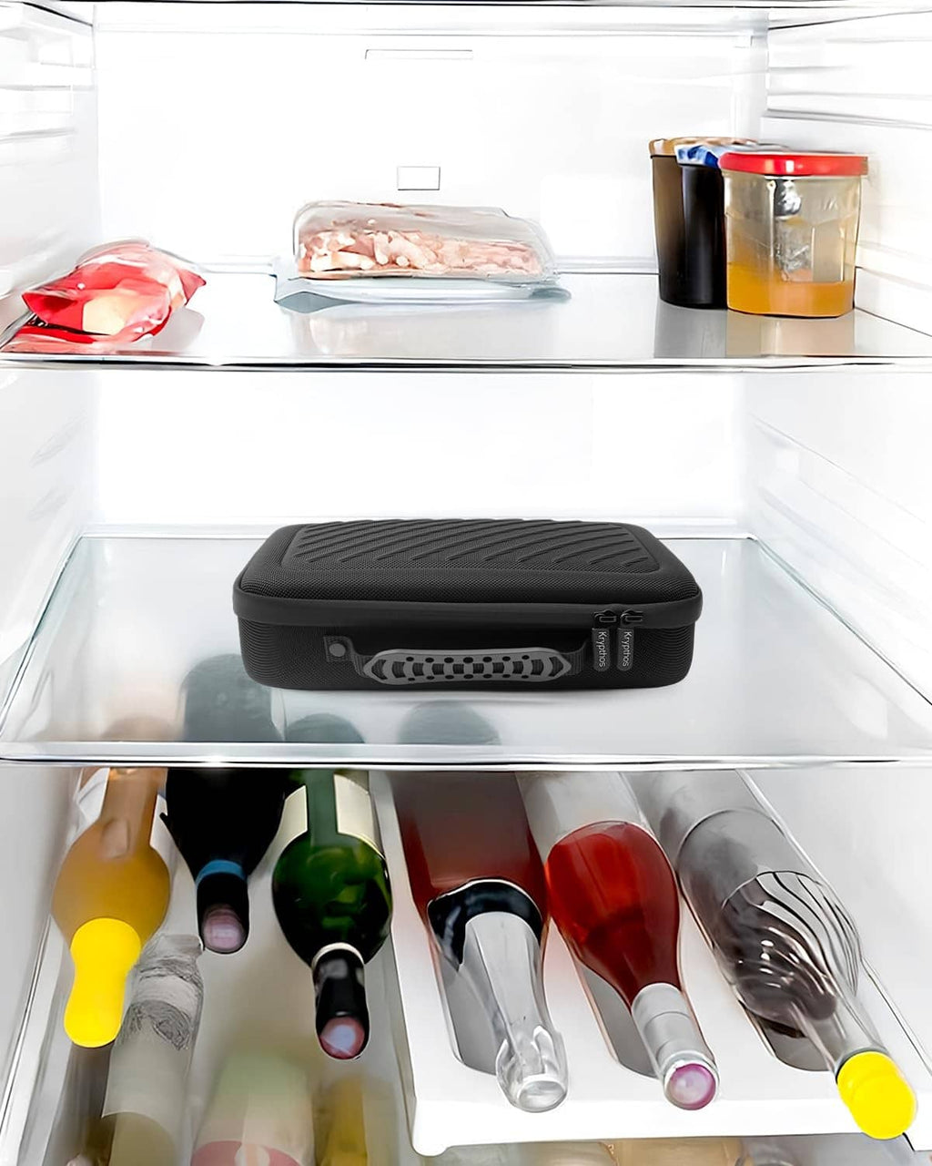 Black insulin vial protector case inside a refrigerator shelf