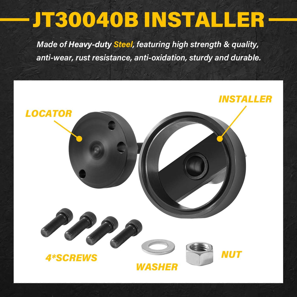 Rear main seal installer components: installer plate, locator, screws, washer, and nut
