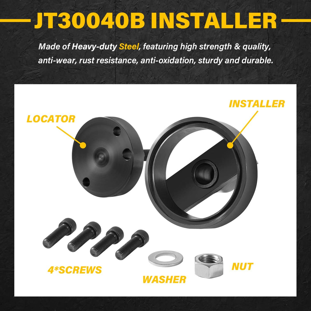 Rear main seal installer components: installer plate, locator, screws, washer, and nut