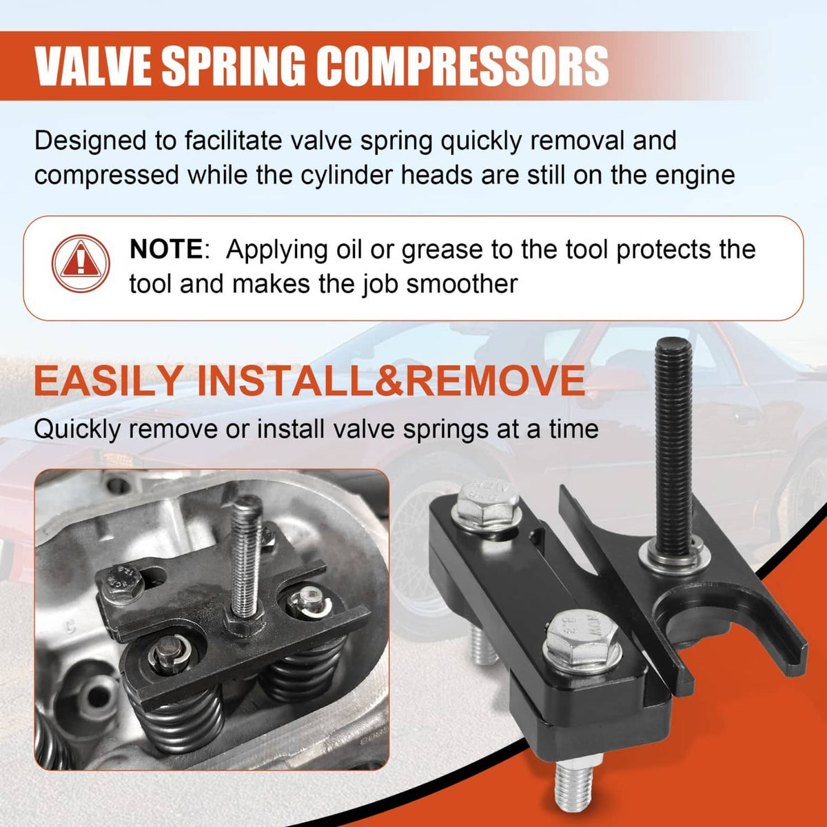 Valve spring compressor tool with black handle, threaded screw, and hose connection ends