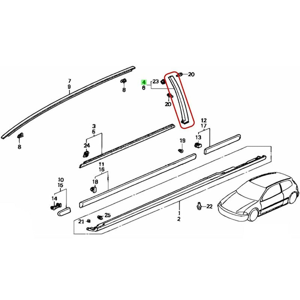 Diagram-style parts view showing door sash trim along the window frame