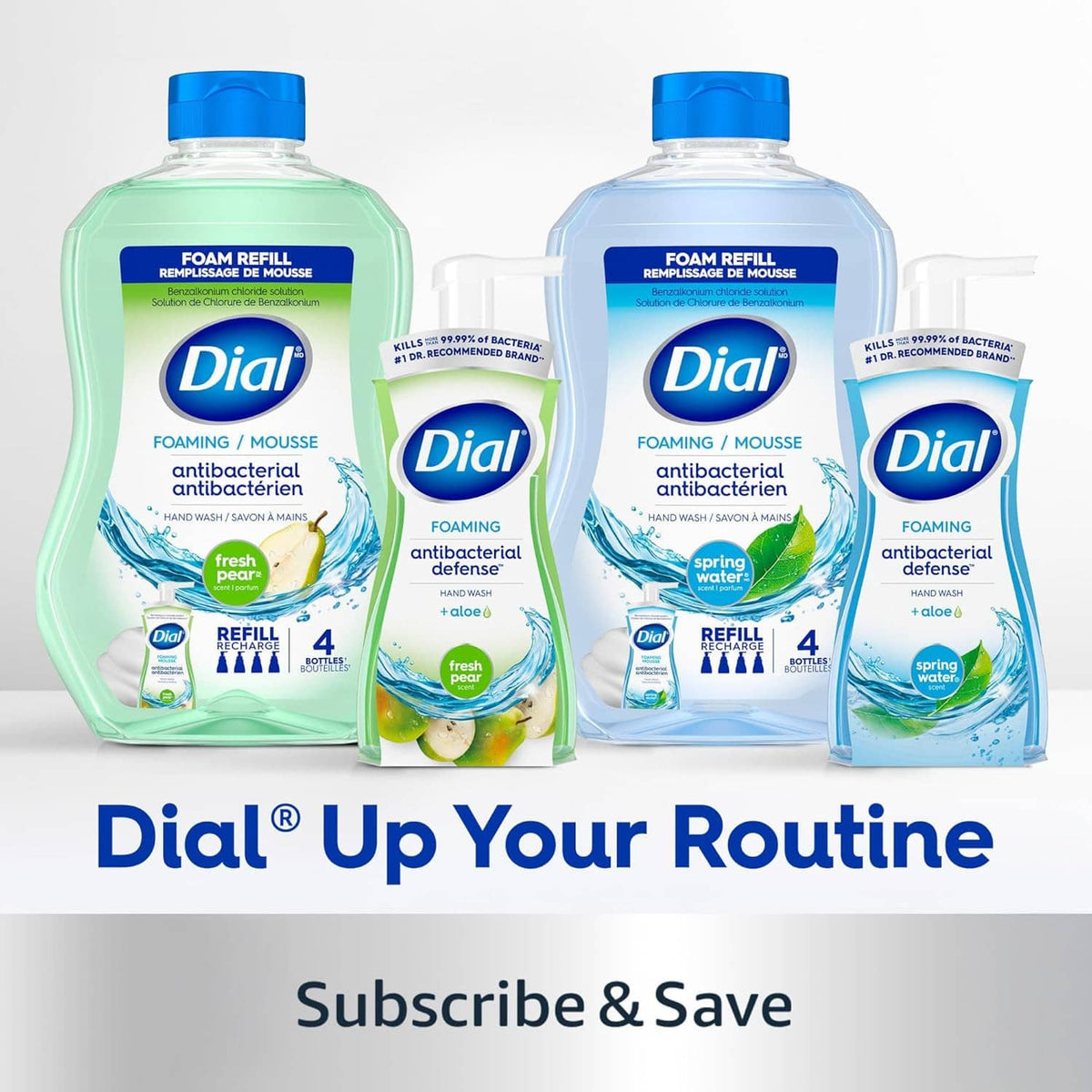 Dial foaming hand soap refill bottles with blue and green labels, Subscribe & Save banner