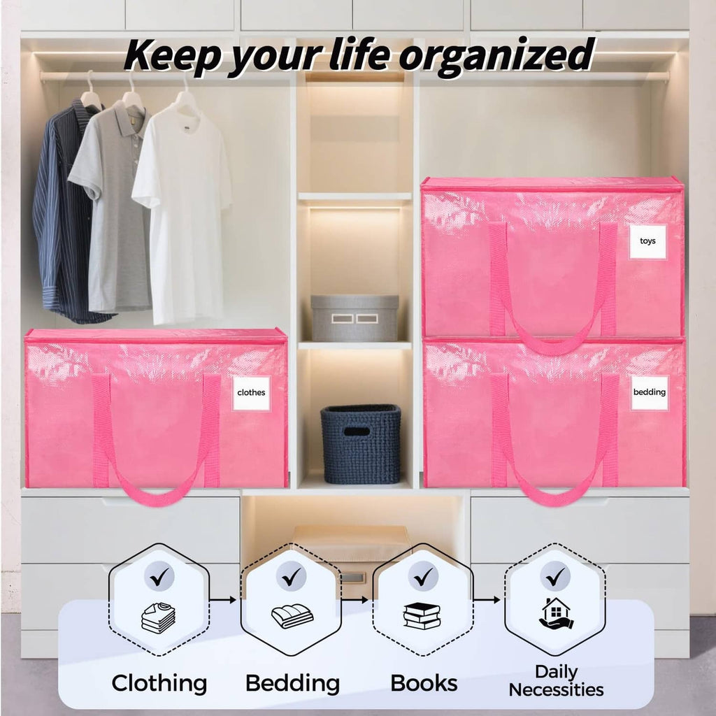 Pink foldable storage bins with handles for organizing clothes, bedding, books, and more