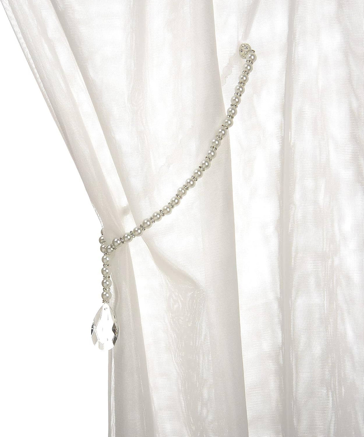 Crystal beaded curtain holdback with long beaded strand and teardrop tassel