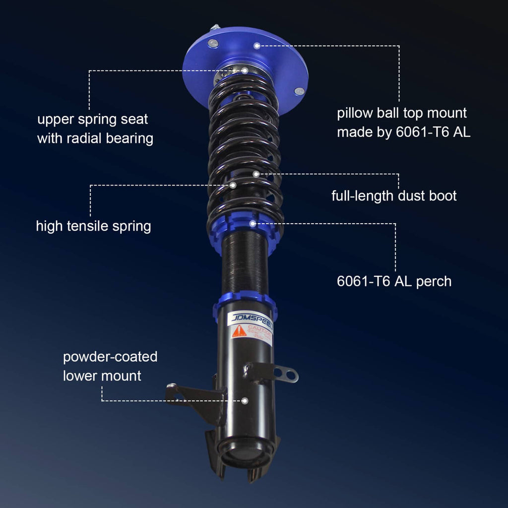 Single blue coilover strut assembly with black spring and dust boot