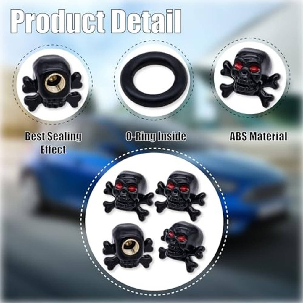 Black skull tire valve stem caps set, showing exterior design and valve opening