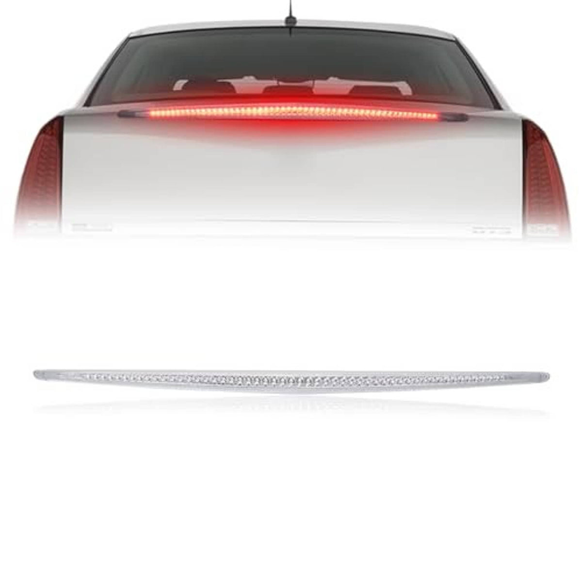 Rear vehicle third brake light bar with red LED strip illuminated