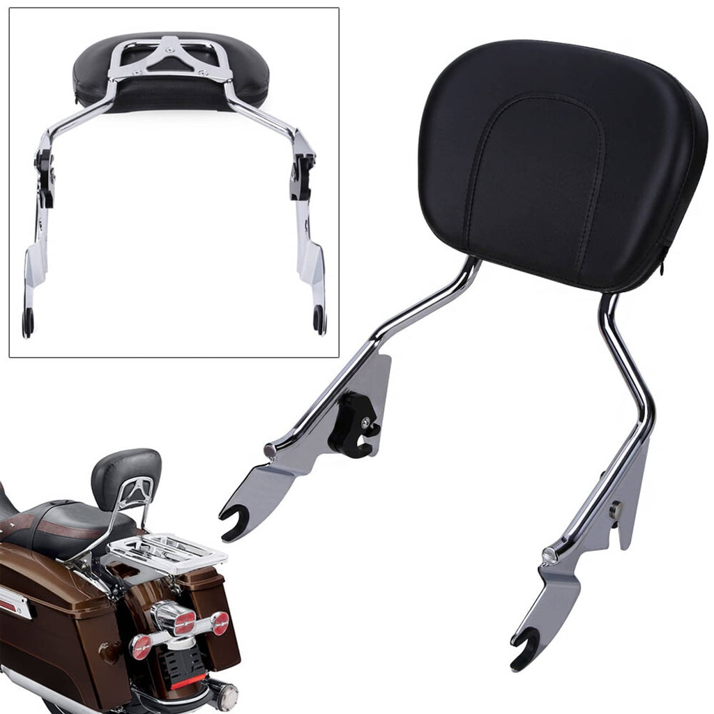 Detachable sissy bar backrest with black pad and chrome brackets for mounting