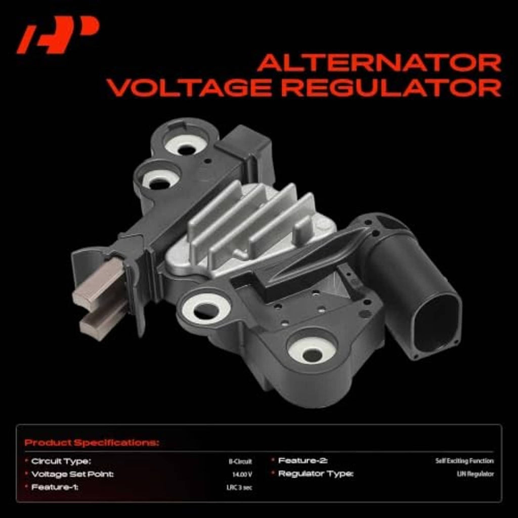 Alternator voltage regulator with black housing, metal fins, and two mounting tabs