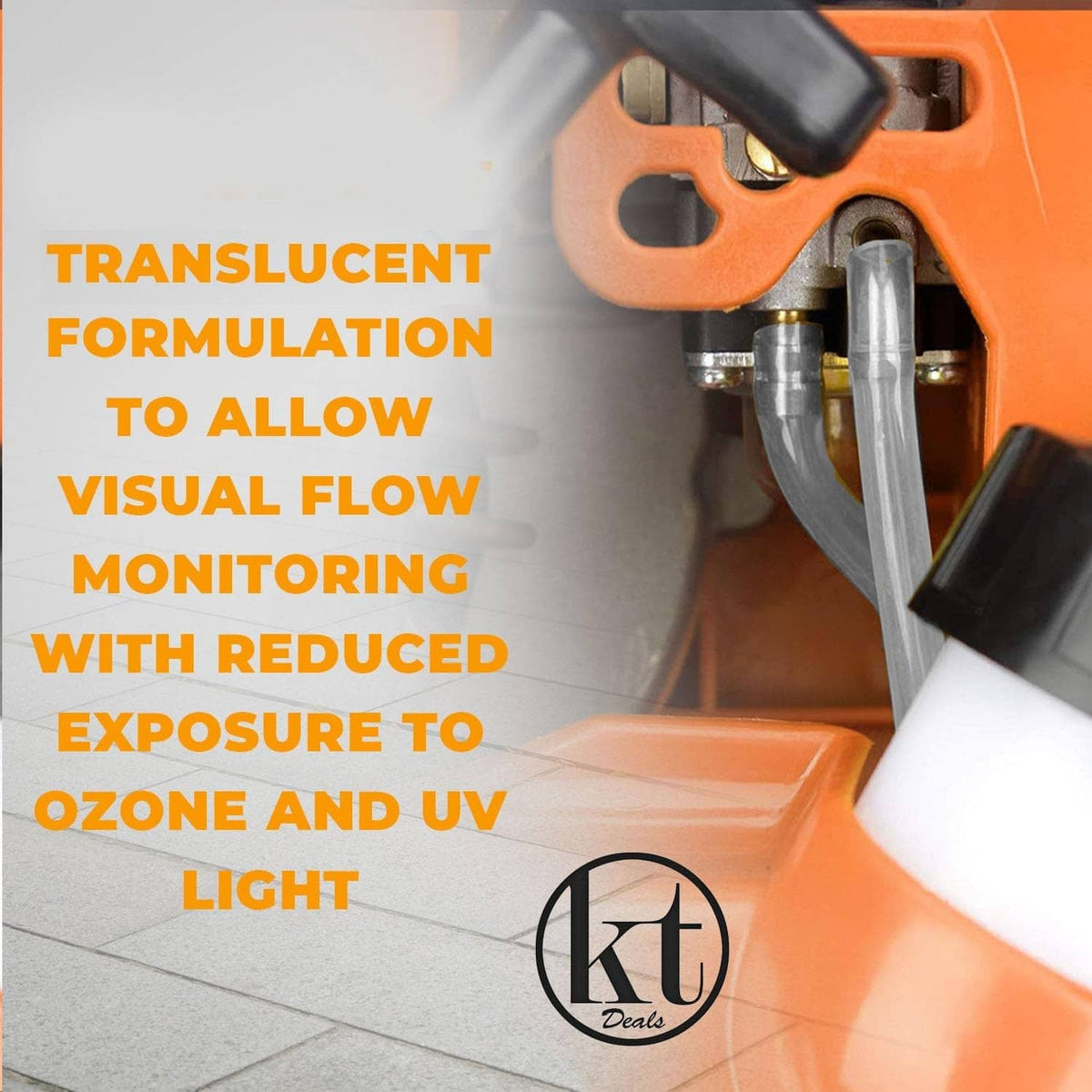 Translucent fuel line hose tubing on an orange tool for visual flow monitoring