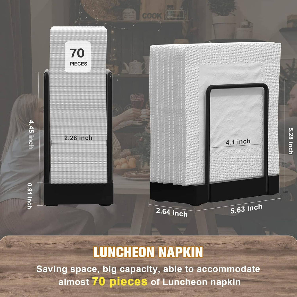 Napkin dispenser with black frame holding stacked white napkins, showing size layout.