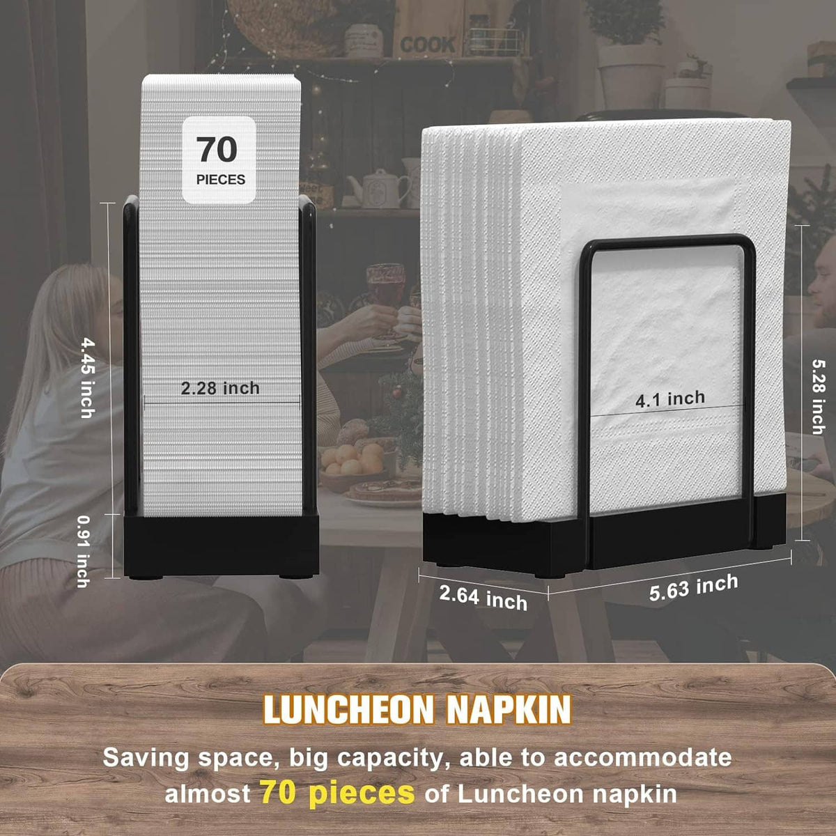 Napkin dispenser with black frame holding stacked white napkins, showing size layout.