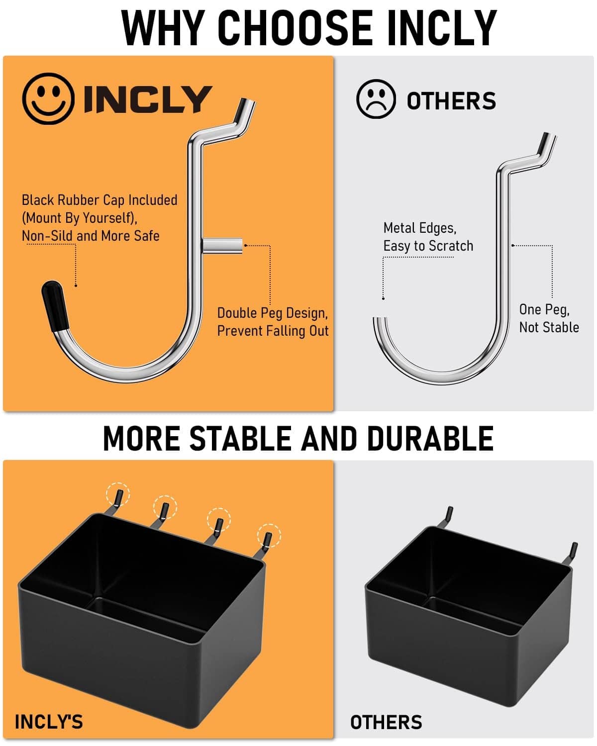 Pegboard hook set packaging showing double-peg U hooks and locking design