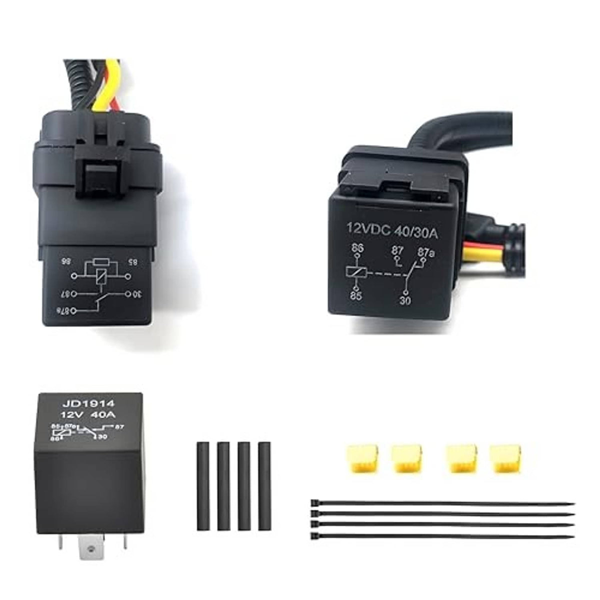 Fuel pump relay and wiring harness kit with labeled relay and terminal accessories