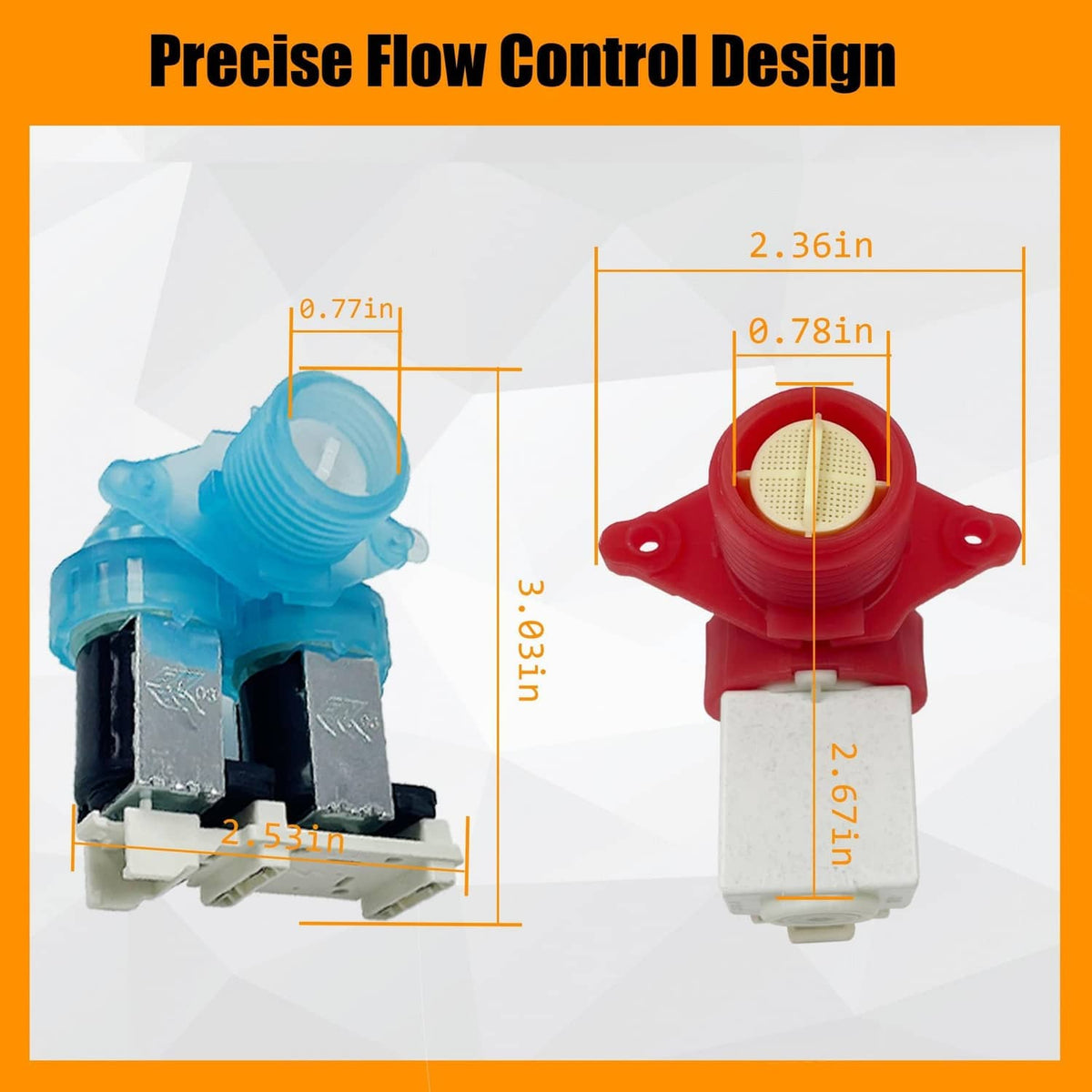 Washer inlet valve set with blue and red flow control housings and connector terminals