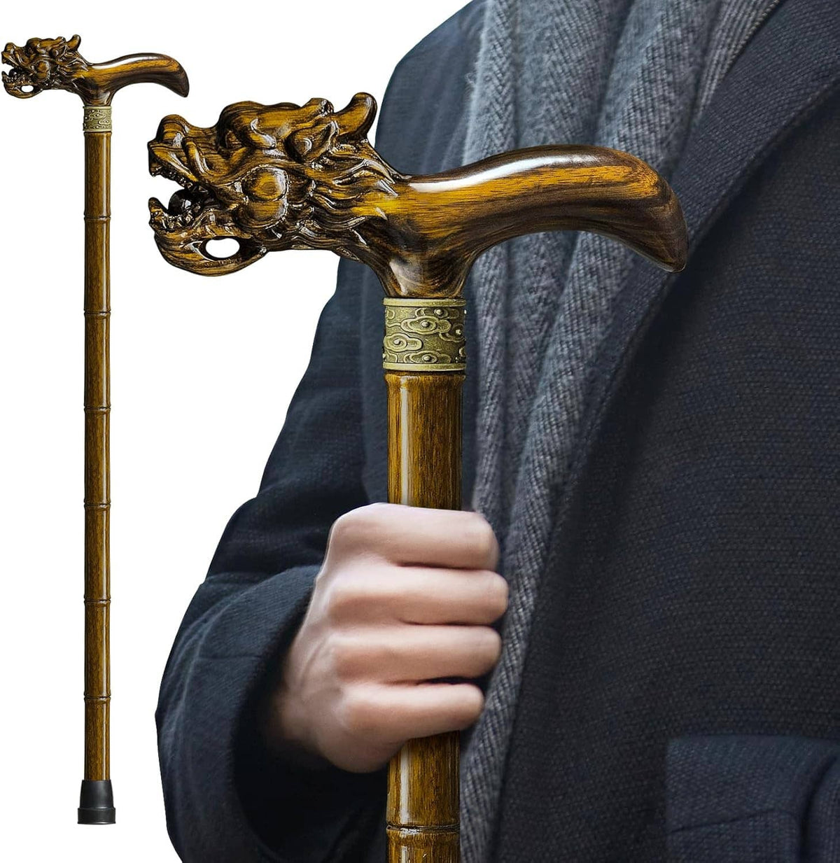 Wooden walking cane with ornate dragon-carved handle, held upright with dark rubber tip