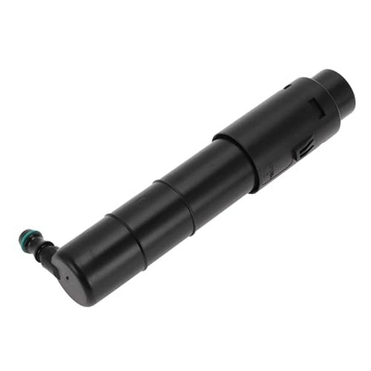 Black headlight washer nozzle with green inlet connector and side slot details