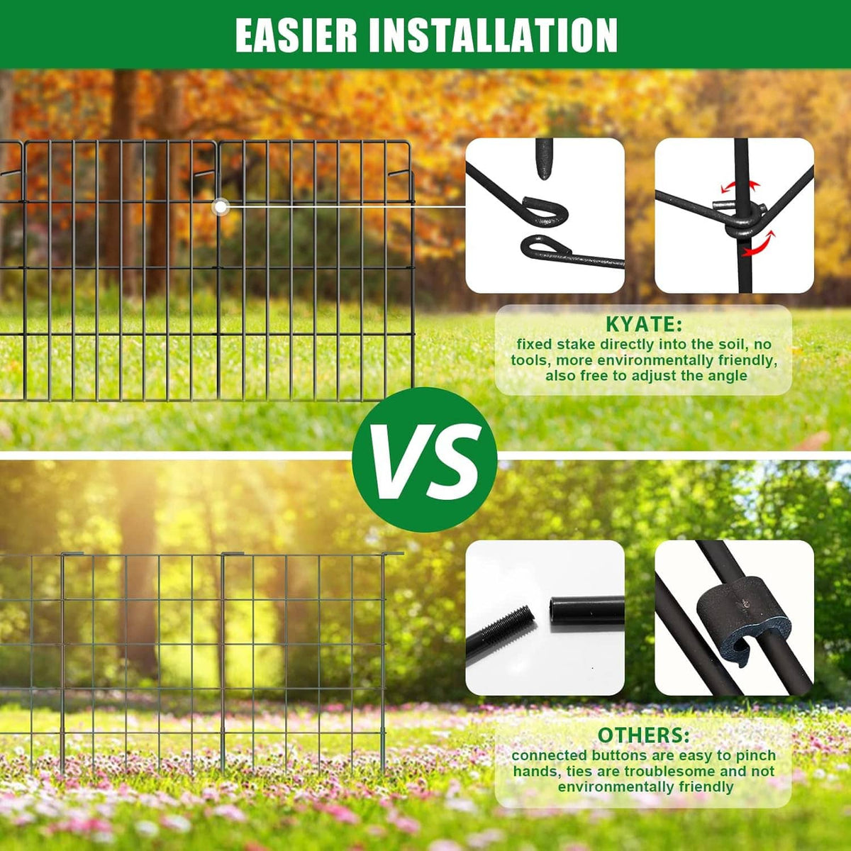 Black animal barrier fence panel with stakes shown for easier installation and ground insertion