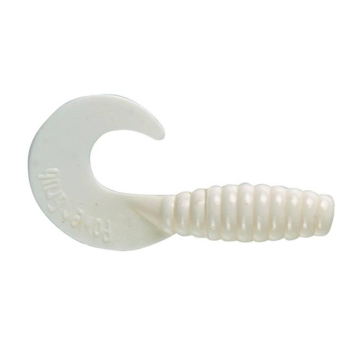White soft plastic fishing grub with curled segmented body and small tail hook