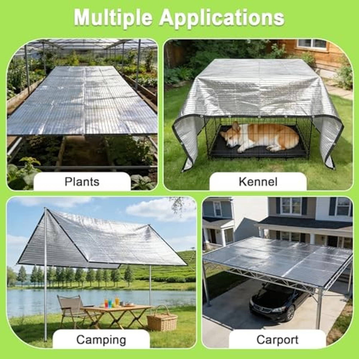 Silver reflective shade cloth tarp with black border, stretched over an outdoor frame
